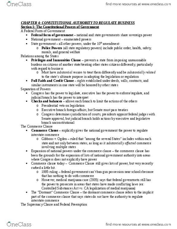 BUS 410 Chapter Notes - Chapter 4: Dormant Commerce Clause, Commerce Clause, Supremacy Clause thumbnail