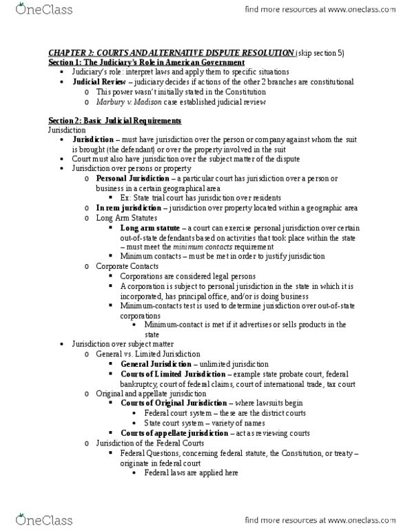 BUS 410 Chapter Notes - Chapter 2: Appellate Jurisdiction, Concurrent Jurisdiction, In Rem Jurisdiction thumbnail