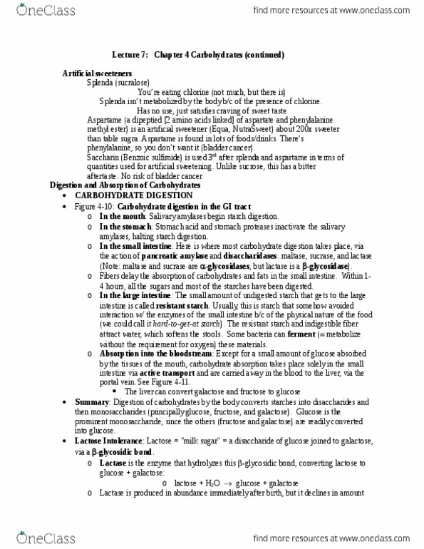 BIOL 1060 Lecture Notes - Lecture 7: Lactose Intolerance, Carbohydrate Metabolism, Splenda thumbnail