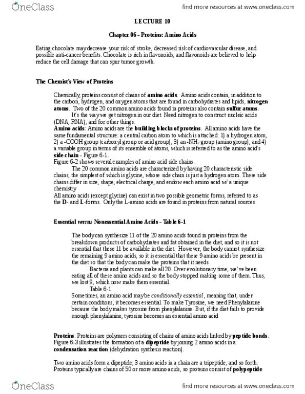 BIOL 1060 Lecture Notes - Lecture 10: Essential Amino Acid, Tripeptide, Unified Atomic Mass Unit thumbnail