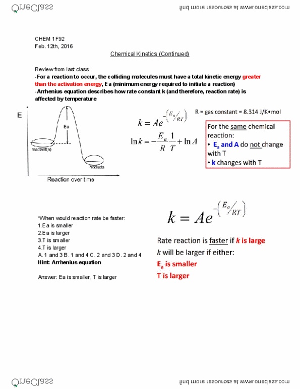 CHEM 1F92 Lecture Notes - Lecture 18: Gas Constant, Reagent, Molecularity thumbnail