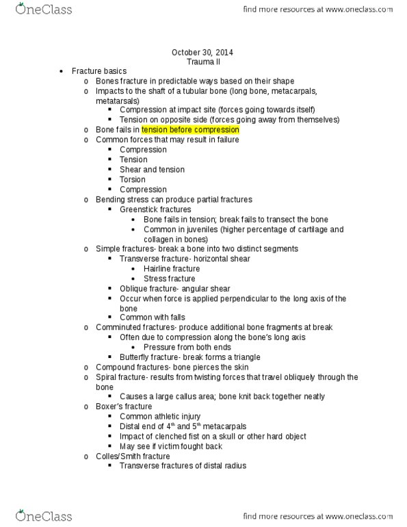 ANT 3520 Lecture Notes - Lecture 7: Blunt Trauma, Spiral Fracture, Trauma Ii thumbnail