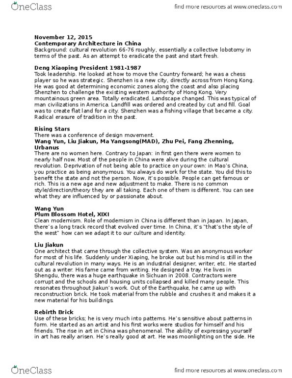 ARCH 214bg Lecture Notes - Lecture 14: Architecture, Deng Xiaoping, Shigeru Ban thumbnail