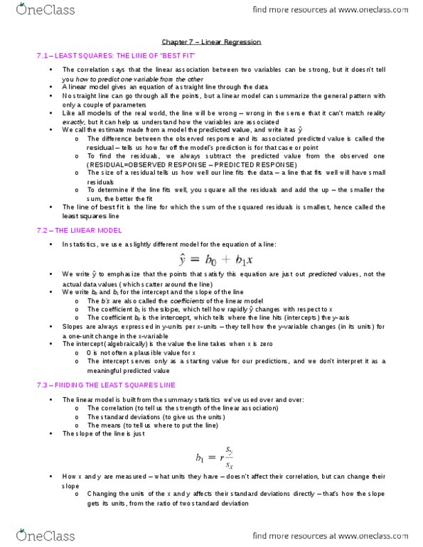 STA215H5 Chapter Notes - Chapter 7: The Intercept, Standard Deviation, Dependent And Independent Variables thumbnail