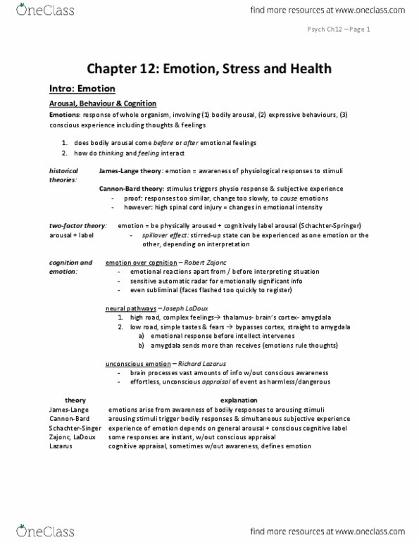 PSYC 102 Chapter Notes - Chapter 12: Robert Zajonc, Autonomic Nervous System, Social Emotions thumbnail