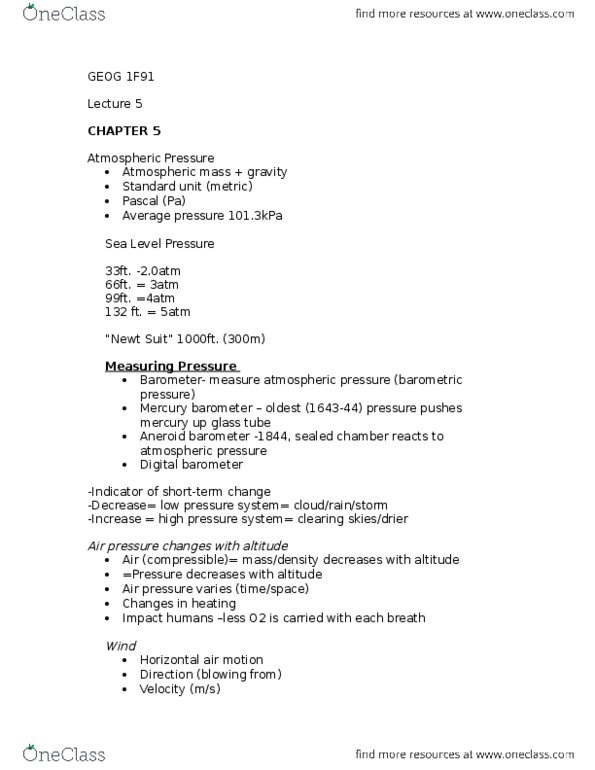 GEOG 1F91 Lecture Notes - Lecture 5: Intertropical Convergence Zone, Atmospheric Circulation, Hadley Cell thumbnail