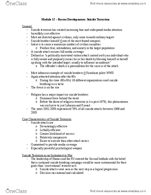 POLI 209 Lecture Notes - Lecture 12: Shahid, Second Intifada, Robert Pape thumbnail