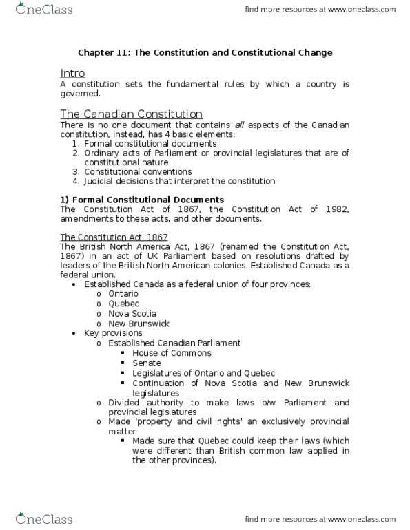 POLI 204 Chapter Notes - Chapter 11: Constitution Act, 1867, Constitution Act, 1982, Canada Elections Act thumbnail