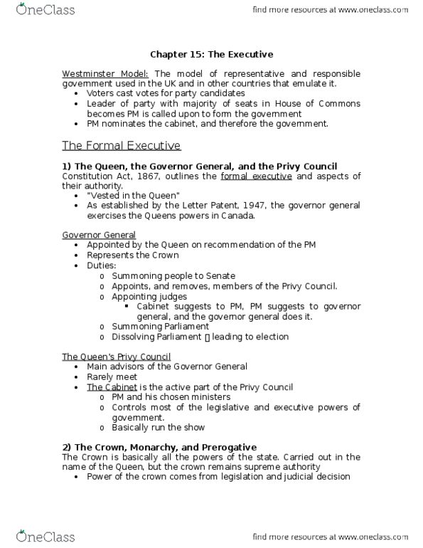 POLI 204 Chapter Notes - Chapter 15: Westminster System, Letters Patent, Responsible Government thumbnail