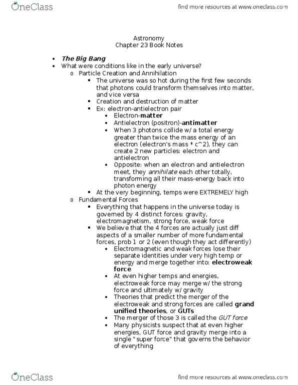 ASTR 1210 Chapter Notes - Chapter 23: Cosmic Microwave Background, Electroweak Interaction, Grand Unified Theory thumbnail