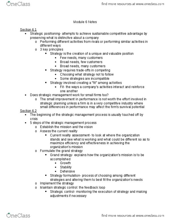 MAN 3025 Chapter Notes - Chapter 6: Swot Analysis, Competitive Intelligence, Strategic Management thumbnail