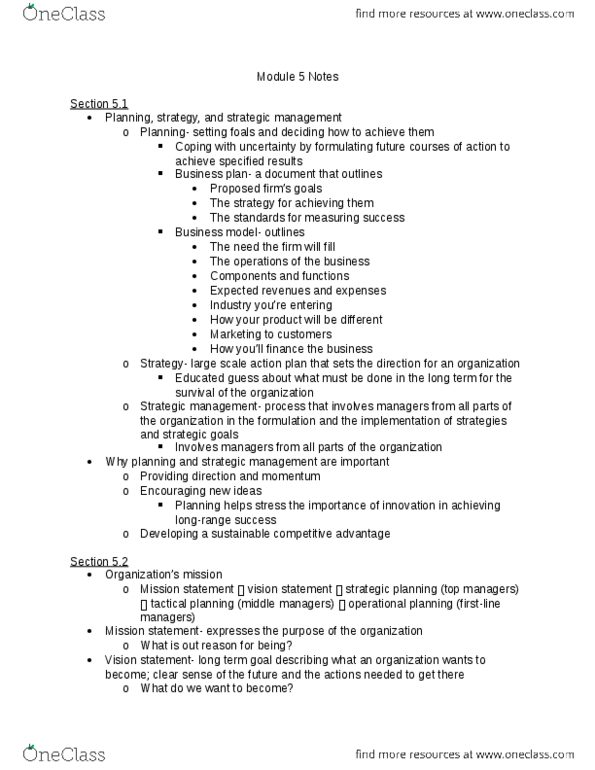 MAN 3025 Chapter Notes - Chapter 5: Strategic Planning, Strategic Management, Vision Statement thumbnail