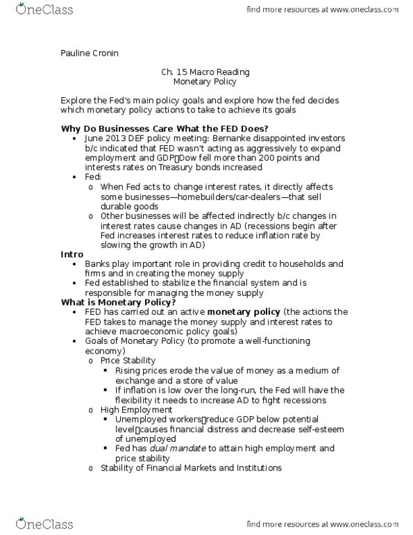 AS.180.101 Chapter Notes - Chapter 15: Federal Funds Rate, Monetary Policy, Nominal Interest Rate thumbnail