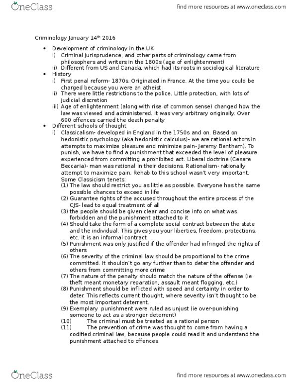 SOCI 2450 Lecture Notes - Lecture 2: Cesare Beccaria, Jeremy Bentham, Deterrence Theory thumbnail