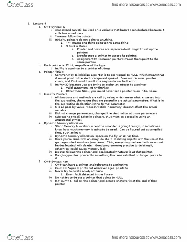 CS 2150 Lecture Notes - Lecture 4: Null Pointer, Subroutine, Ampersand thumbnail