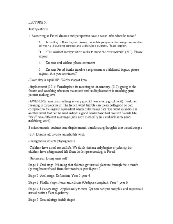 PHL290H5 Lecture Notes - Lecture 5: Phallic Stage, Oral Stage, Latency Stage thumbnail