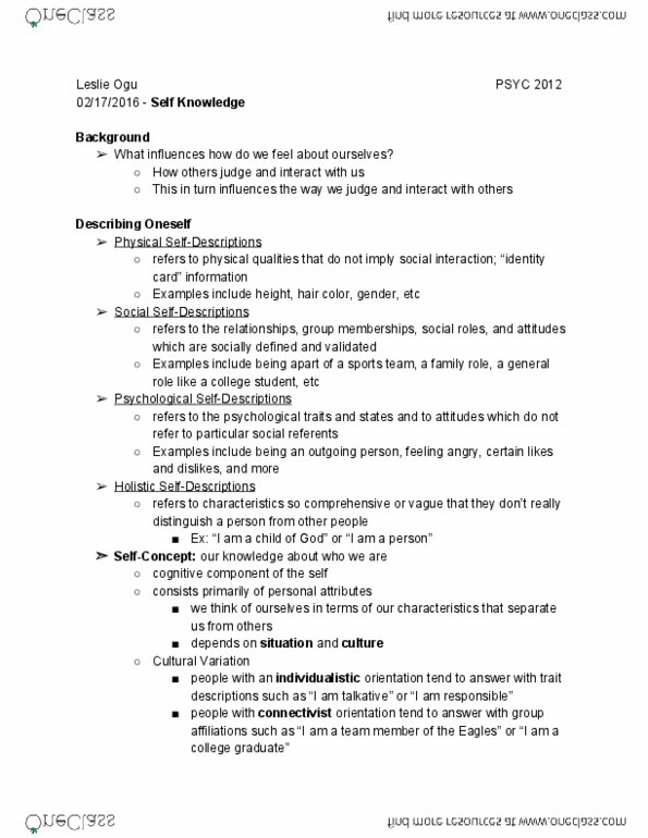 PSYC 2012 Lecture Notes - Lecture 8: Narcissism thumbnail