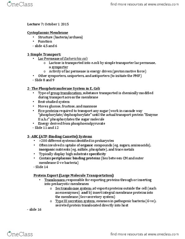 BI276 Lecture Notes - Lecture 7: Teichoic Acid, Cell Membrane, Type Three Secretion System thumbnail