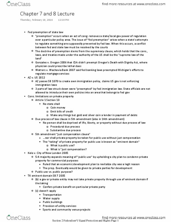 PSC 2302 Lecture Notes - Lecture 8: Wachovia, Arizona Sb 1070, Fifth Amendment To The United States Constitution thumbnail