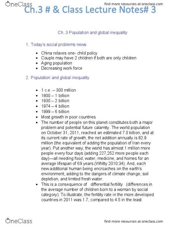 SOC 1301 Lecture Notes - Lecture 3: Population Reference Bureau, International Inequality, Infant Mortality thumbnail