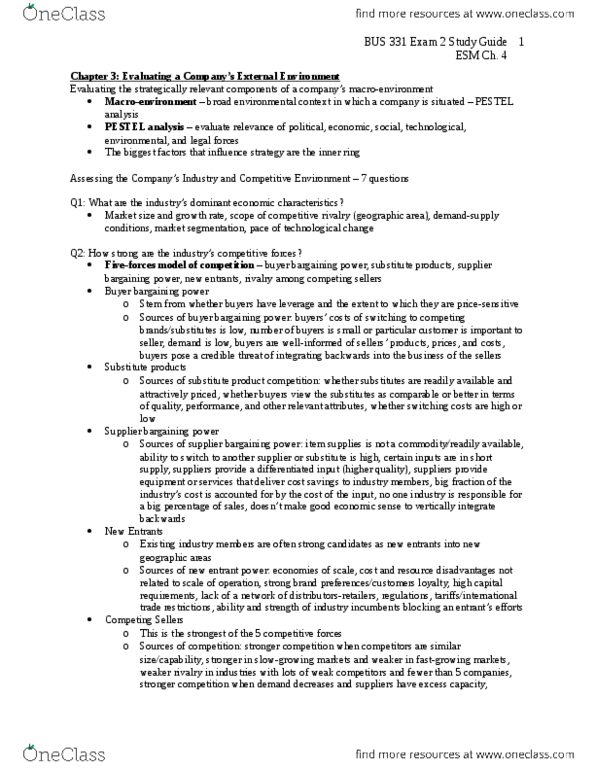 BUS 331 Chapter Notes - Chapter 3: Pest Analysis, Switching Barriers, Vertical Integration thumbnail