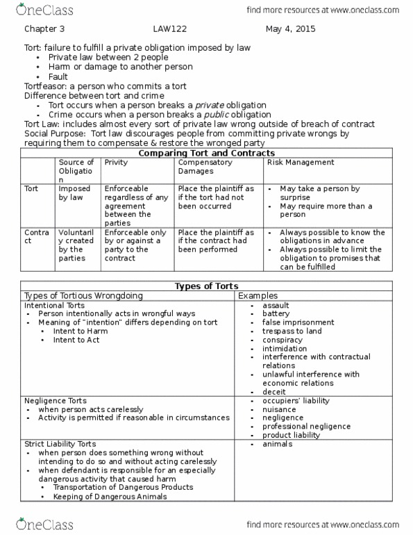 LAW 122 Lecture Notes - Lecture 2: Liability Insurance, Professional Negligence In English Law, Strict Liability thumbnail