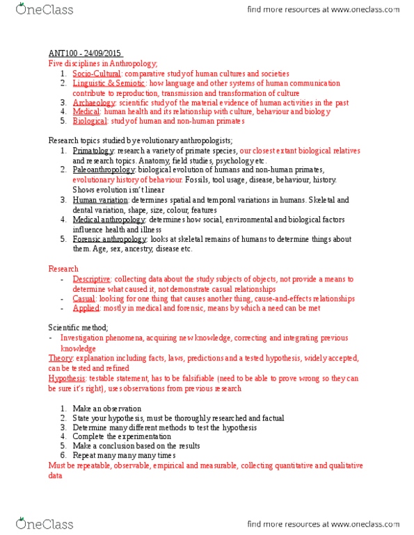 ANT100Y1 Lecture Notes - Lecture 2: Forensic Anthropology, Binomial Nomenclature, Carl Linnaeus thumbnail