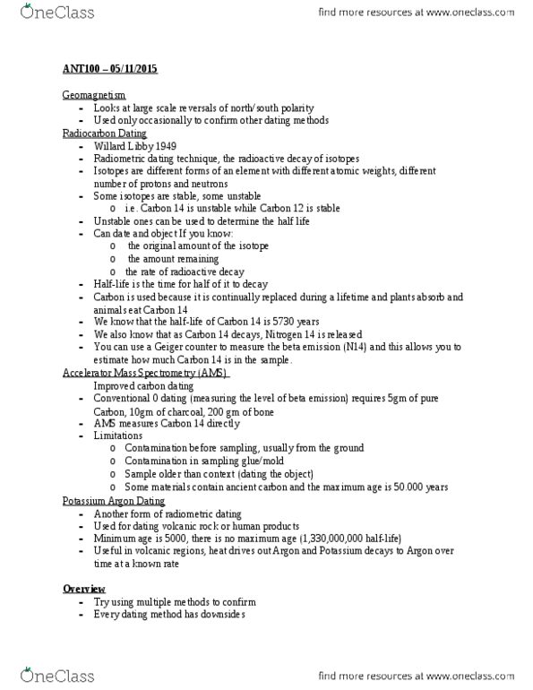 ANT100Y1 Lecture Notes - Lecture 8: Accelerator Mass Spectrometry, Willard Libby, Radiometric Dating thumbnail