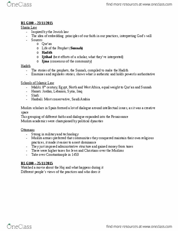 RLG100Y1 Lecture Notes - Lecture 11: Sunnah, Hanbali, Ijma thumbnail