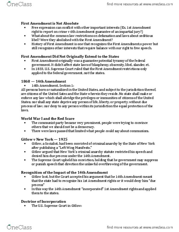 J 350F Lecture Notes - Lecture 4: Fourteenth Amendment To The United States Constitution, Prior Restraint, Sixth Amendment To The United States Constitution thumbnail