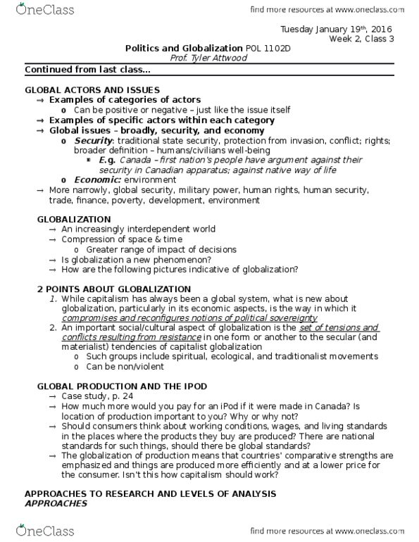 POL 1101 Lecture Notes - Lecture 3: Human Security, Global Sources, Buzzword thumbnail