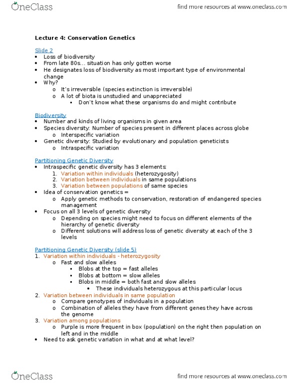 BIO220H1 Lecture Notes - Lecture 4: Conservation Genetics, Florida Panther, Effective Population Size thumbnail