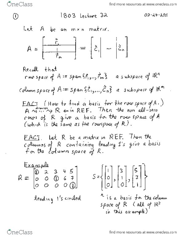MATH 1B03 Lecture Notes - Lecture 32: Row And Column Spaces thumbnail
