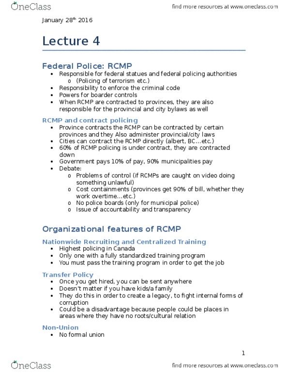 CRM 2305 Lecture Notes - Lecture 4: Peel Regional Police, Royal Newfoundland Constabulary, Peacekeeping thumbnail