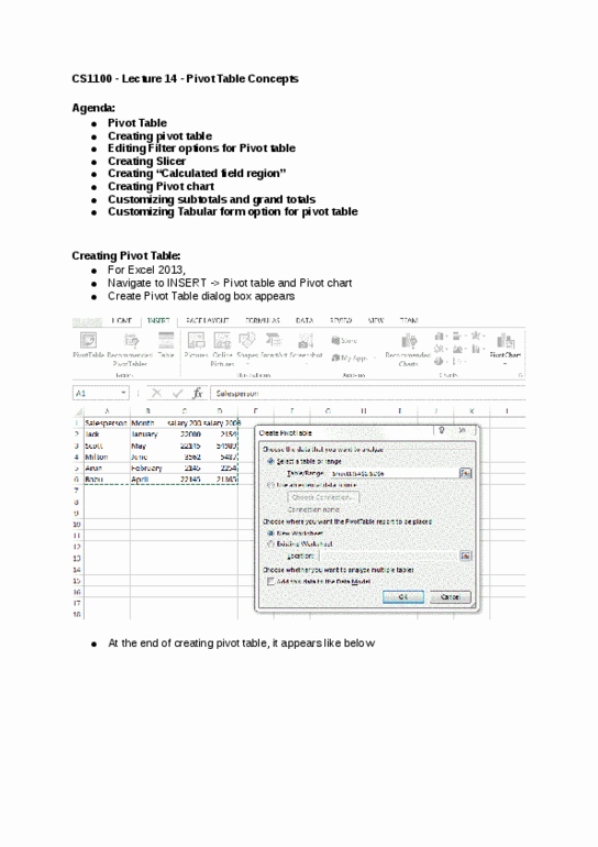 CS 1100 Lecture Notes - Lecture 14: Pivot Table, Microsoft Office 2007, Dialog Box thumbnail