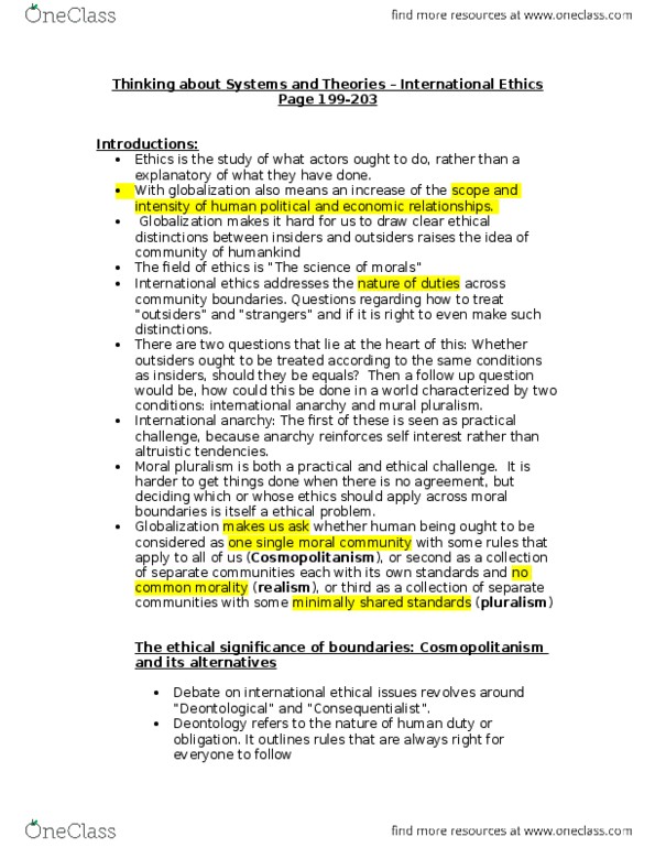 POLI 381 Chapter Notes - Chapter pg. 199-203: Cosmopolitanism, Moral Universalism, Deontological Ethics thumbnail