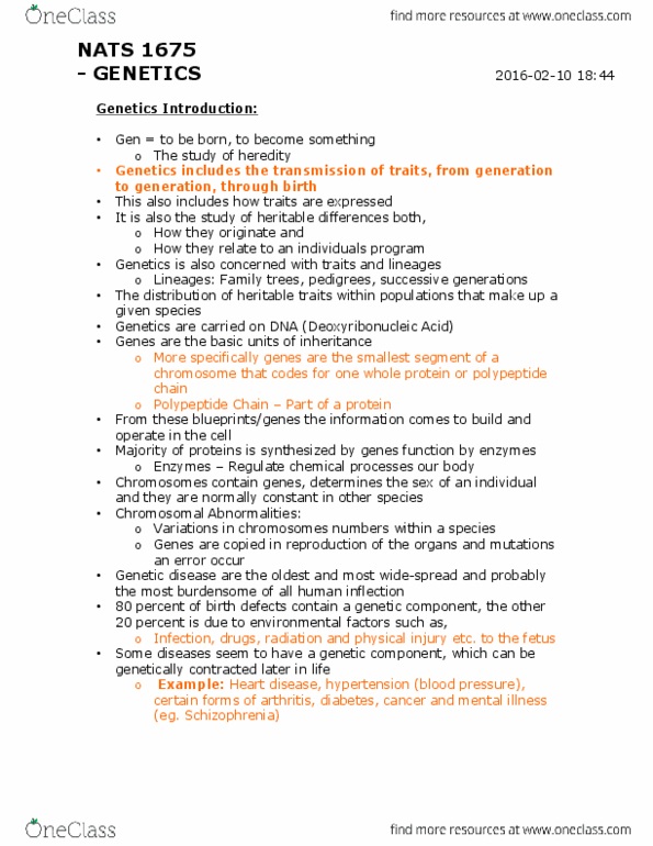 NATS 1675 Lecture Notes - Lecture 4: Peptide, Heredity, Chromosome thumbnail