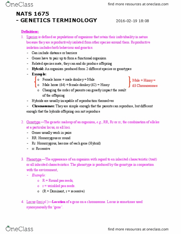NATS 1675 Lecture Notes - Lecture 6: Punnett Square, Dihybrid Cross, Mendelian Inheritance thumbnail