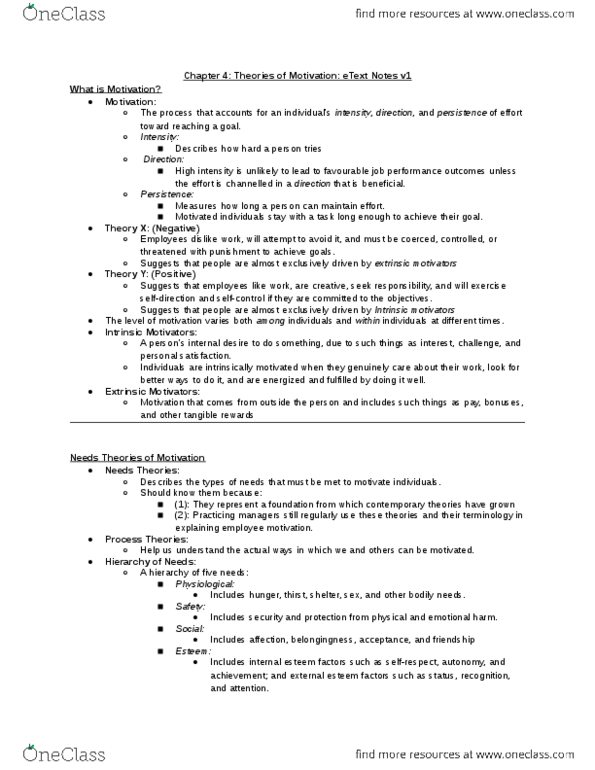 COMM 292 Chapter Notes - Chapter 4: Motivation, Job Satisfaction, Goal Setting thumbnail