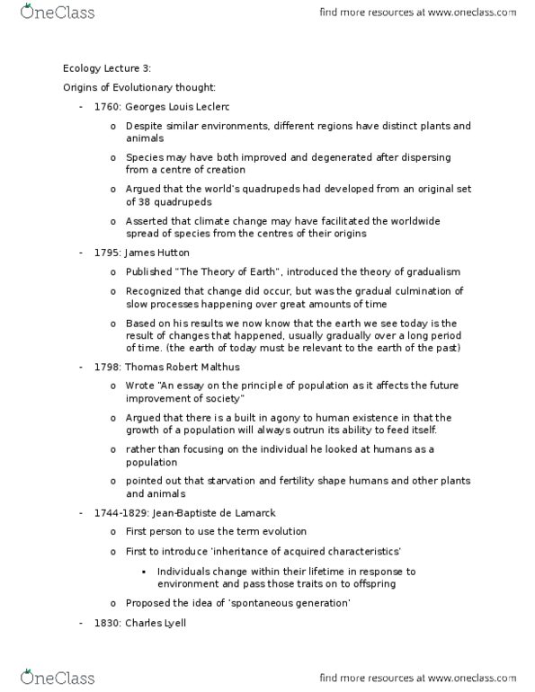 BLG 567 Lecture Notes - Lecture 3: Thomas Robert Malthus, Gregor Mendel, James Hutton thumbnail