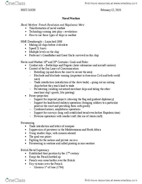 HIST 2102H Lecture Notes - Lecture 5: Hms Warrior (1860), Home Fleet, Union Blockade thumbnail