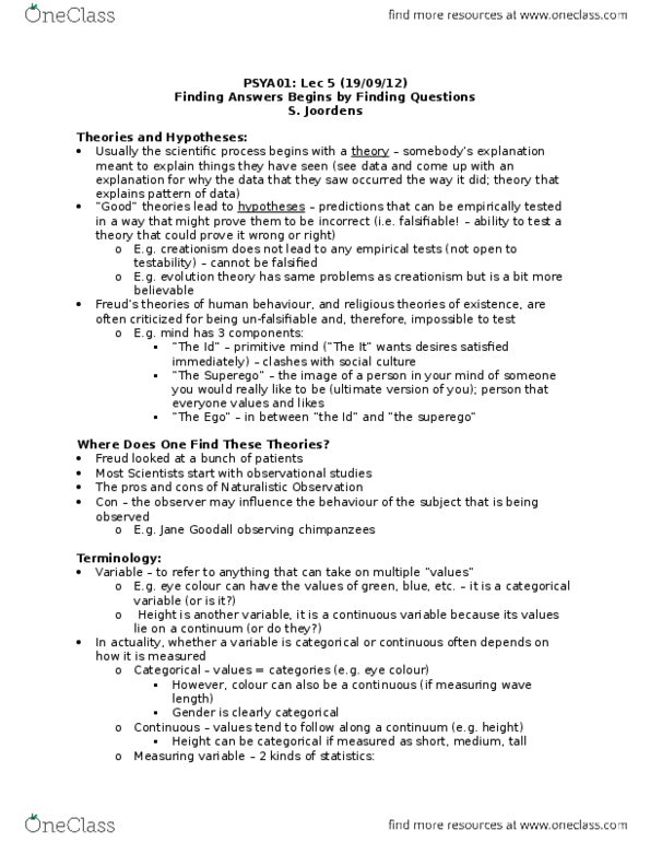 PSYA01H3 Lecture Notes - Lecture 5: Jane Goodall, Falsifiability, Descriptive Statistics thumbnail