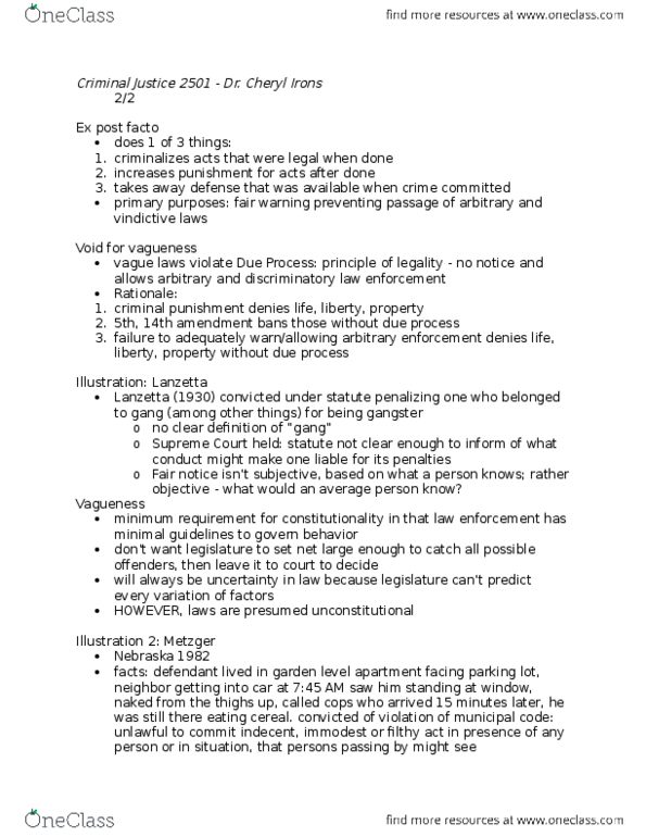 CJ 2501 Lecture Notes - Lecture 4: Fourteenth Amendment To The United States Constitution, Vagueness, Equal Protection Clause thumbnail