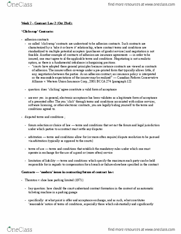 LAWS 2202 Lecture Notes - Lecture 7: Standard Form Contract, Click Wrap, Qqq thumbnail