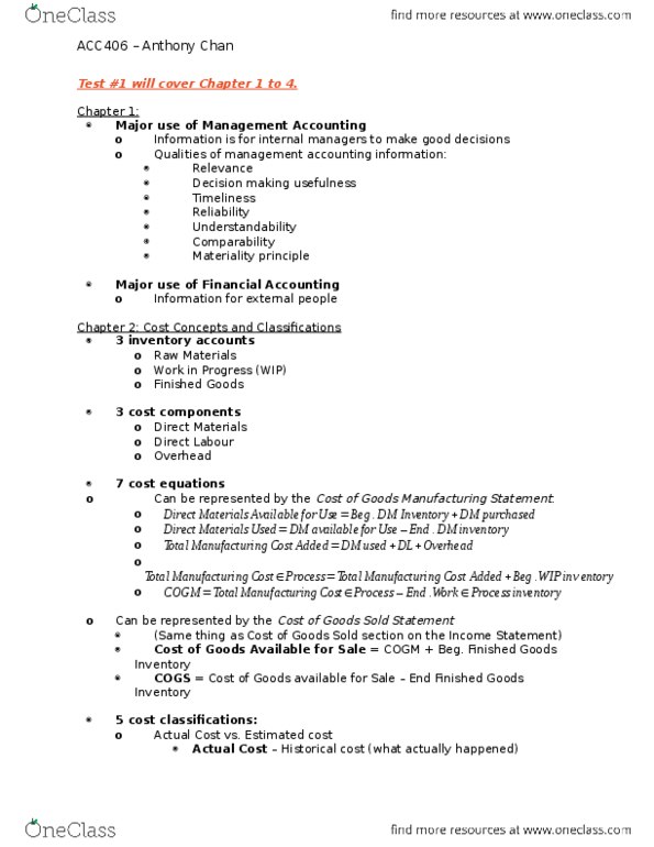 ACC 406 Lecture Notes - Lecture 5: Management Accounting, Finished Good, Fixed Cost thumbnail