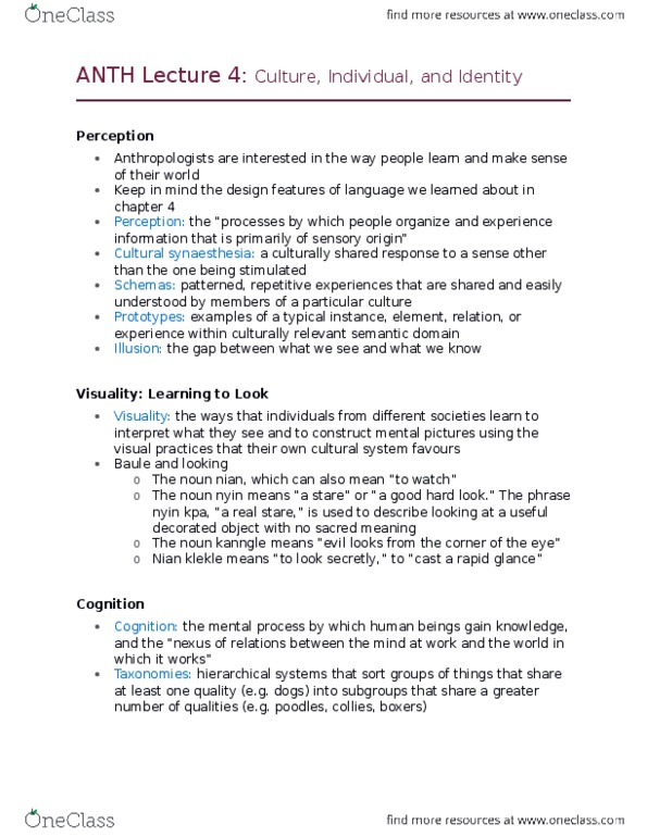 ANTH 1001 Lecture Notes - Lecture 5: Unilineal Evolution, Synesthesia, Cognitive Development thumbnail