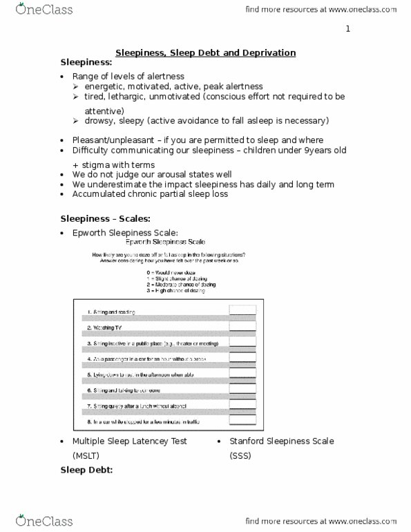 PSYC 208 Lecture Notes - Lecture 5: Epworth Sleepiness Scale, Sleep Deprivation, Sleep Debt thumbnail