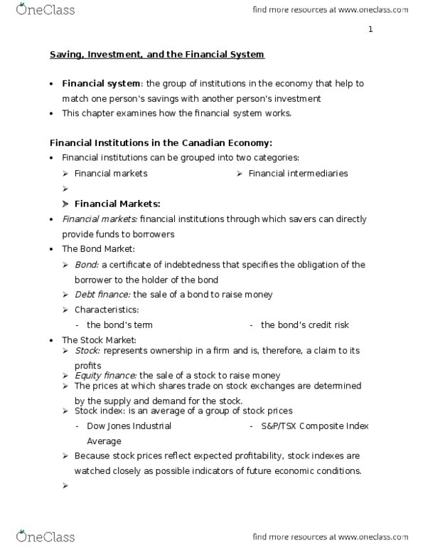 ECON 102 Chapter Notes - Chapter 8: Dow Jones Industrial Average, Loanable Funds, Financial System thumbnail