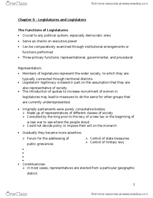 POLI 100 Chapter Notes - Chapter 9: Parliamentary System, Elections Canada, Presidential System thumbnail