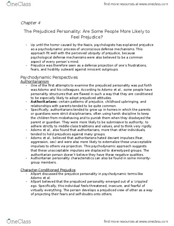 PSYC12H3 Chapter Notes - Chapter 4: Authoritarian Personality, Psychodynamics, Authoritarianism thumbnail